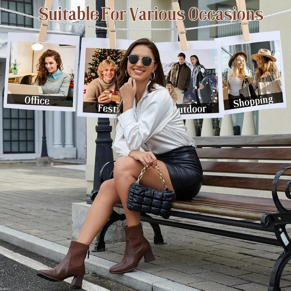 Women's Back Zipper Square Toe Ankle Chelsea Heel Comfortable Brown Boot - Picture 2 of 6